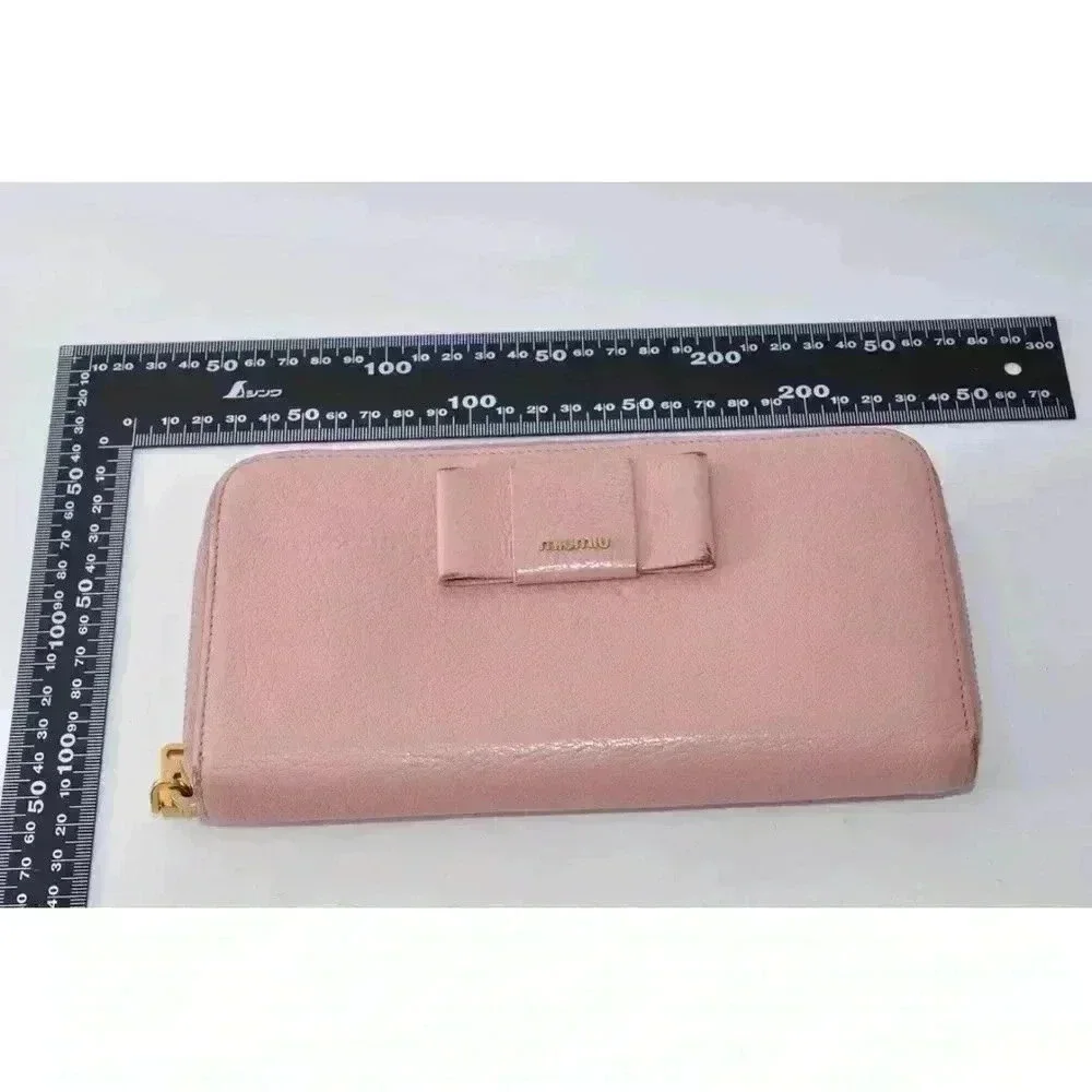 MIU MIU Ribbon Long Wallet Leather Pink Gold Zip Women Used Auth w/Card 8C11191 - Picture 14 of 15